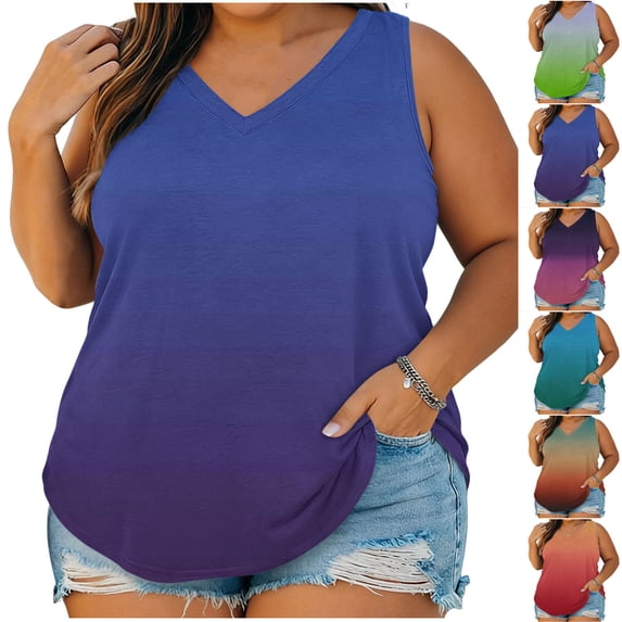 Antinious Ladies V-Neck Sleeveless Gradient Print Plus Size Casual Daily Tank Tops