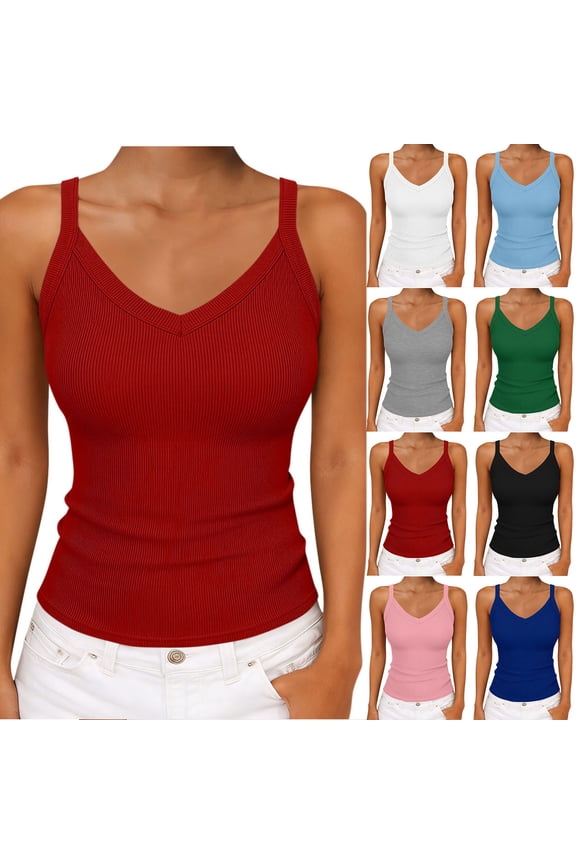 Ladies V-Neck Sleeveless Solid Rib Knit Casual Tank Tops