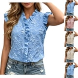 Antinious Ladies V-Neck Sleeveless Textured Ruffle Sleeve Ruched Casual ...