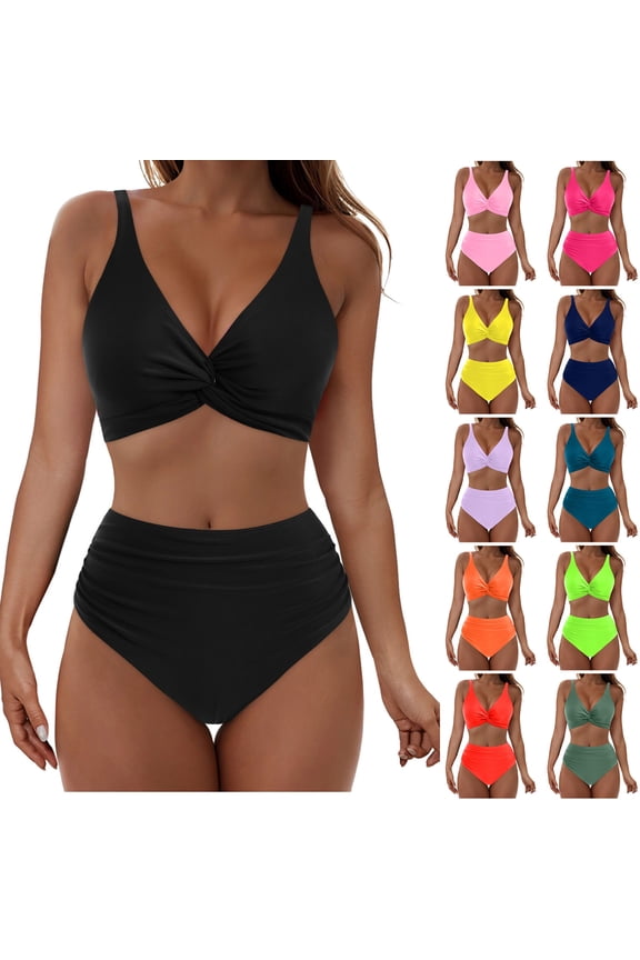 Ladies V-Neck Solid Bikini Top Matched With Bottom Casual 2 Piece Layout
