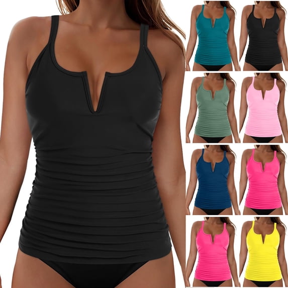 Antinious Ladies V-Neck Solid Swim Top Adjustable Strap Soft Lining Outdoor Beachwear