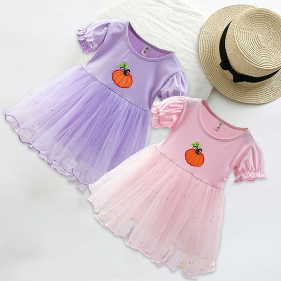 Antinious Little Girls Summer Dress,Toddler Girl Casual Dress,1-4 Years Summer Kids Girls Princess Solid Color Pumpkin Short Sleeve Mesh Princess Dress Children's Dress,Purple,5-6 Years