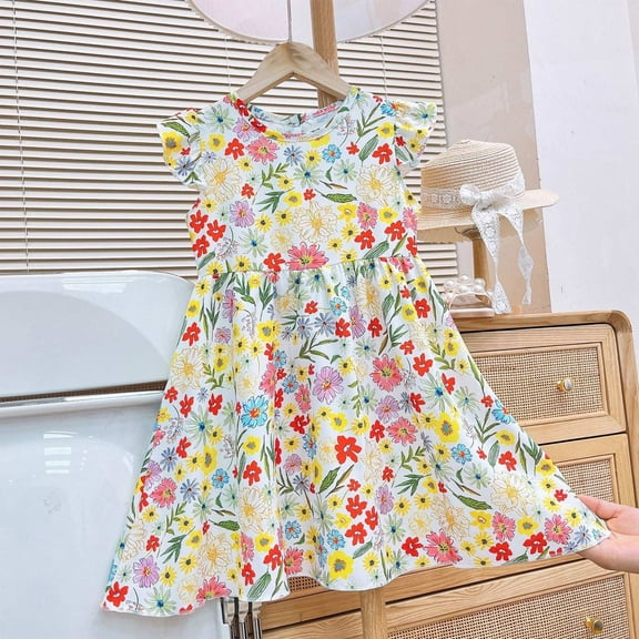 Antinious Little Girls Summer Dress,Toddler Girl Casual Dress,Children's Summer Flying Sleeves Small Floral Dress Comfortable Sleeveless Round-Neck Long Skirt For Kids,Multicolor,140