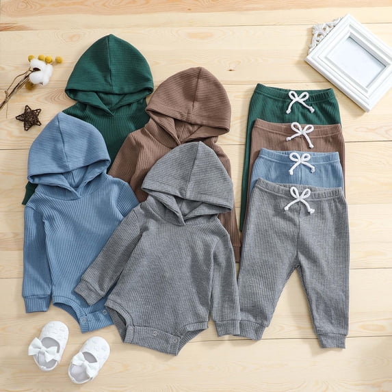 Antinious Winter Boys Girls Long Sleeve Outfits,Toddler Casual Pajams Set,Toddler Kids Boys Girls Casual Solid Color Long Sleeve Hooded Romper Pants Suit,Brown,90