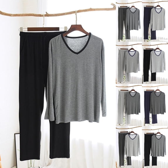 Antinious Men V-Neck Long Sleeves Casual Sleep Full Length Pants Loose Pajama Set