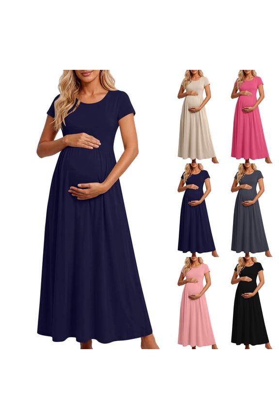 Maternity Comfortable Short Sleeve Bodycon Solid Long Style Dress