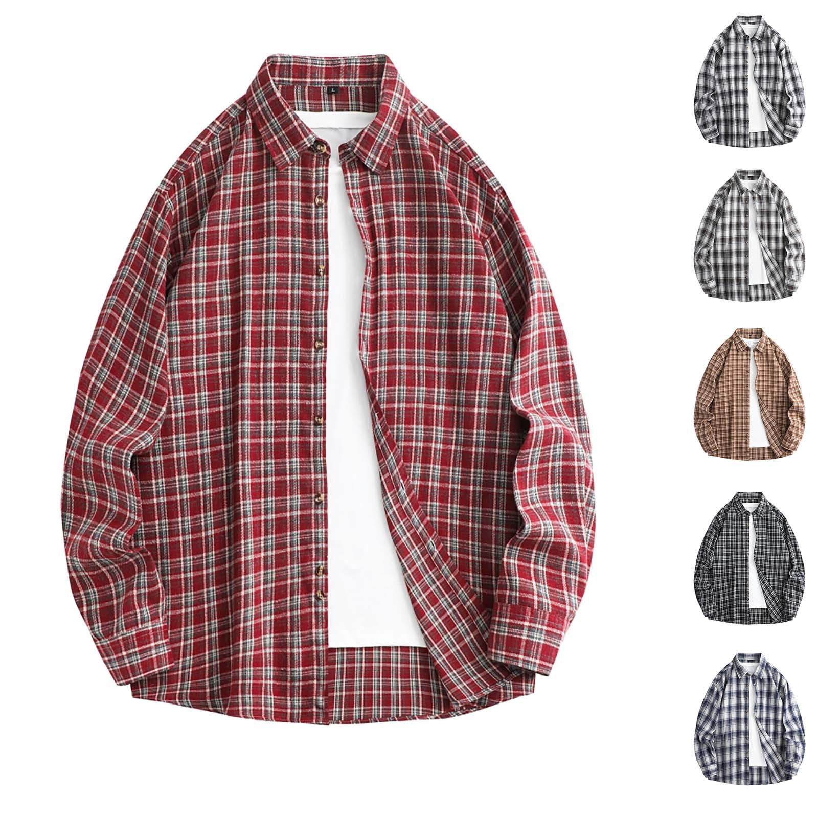 Antinious Men Check Collar Button Long Sleeve Loose Breathable ...