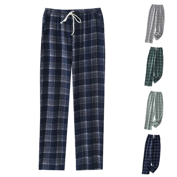 Antinious Men Check Crew Neck Elastic Waist Loose Soft Versatile Pajama Full Length Pants