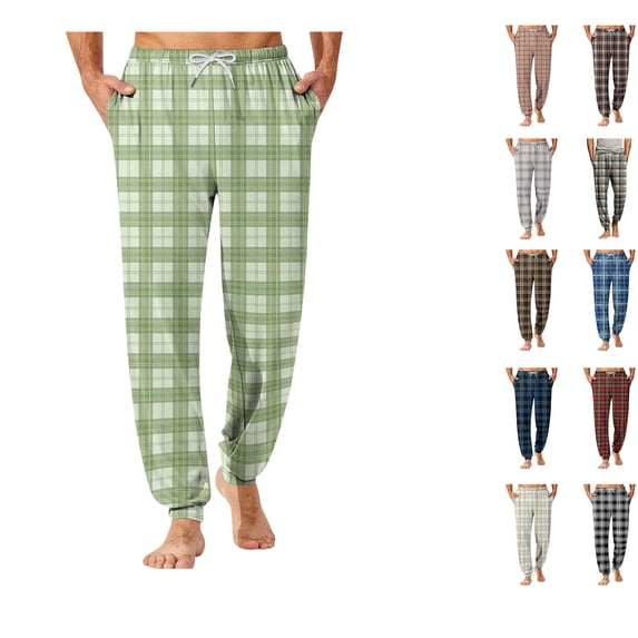 Antinious Men Check Print Elastic Waist Drawstring Pockets Jogger Soft Loose Pajama Full Length Pants