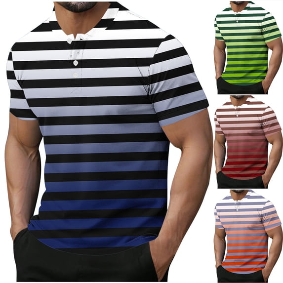 Antinious Men Fashion Button Crewneck Daily Stripe Print Short Sleeve T-Shirts