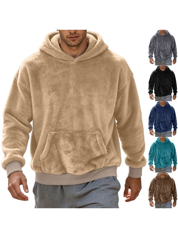Men Hooded Sweatshirt Shearling Pullover Fall Winter Long Sleeve Casual Layering Solid