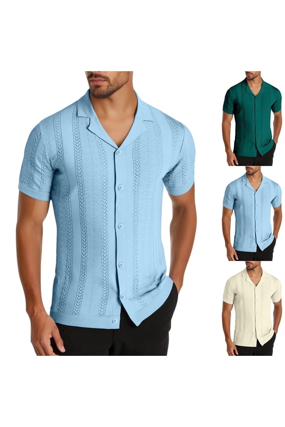 Men Knit Button Front Short Sleeve Collared Cardigan Lapel Shirts