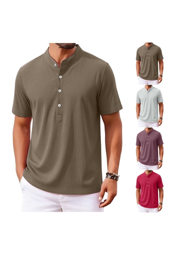 Men Pullover Solid Linen Like Collared Button Business Work Short Sleeve Shirts Casual