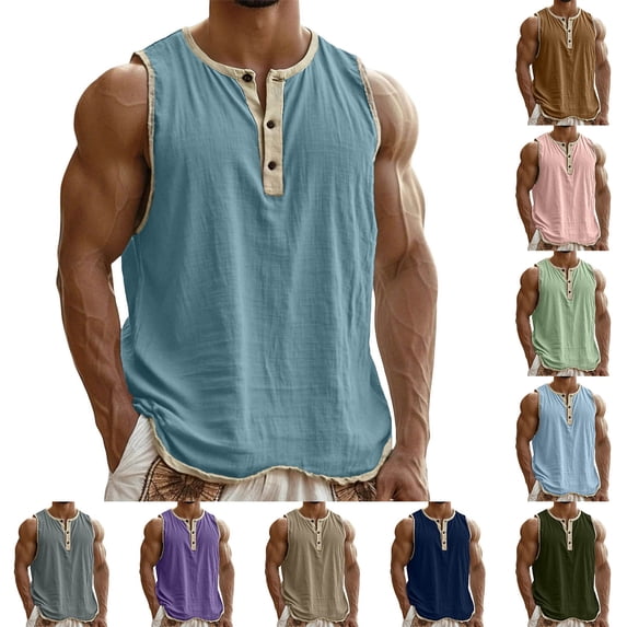 Antinious Men Solid Button Round Neck Sleeveless Loose Comfortable Casual Tank Top
