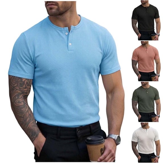 Antinious Men Solid Casual Short Sleeve Button Half Open Crewneck Summer Tops