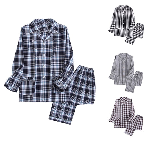Antinious Men Solid Check Collared Long Sleeve Loose Sleep Full Length Pants 2 Piece Pajama Set
