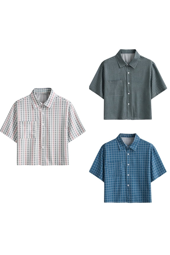 Men Solid Check Short Sleeve Collared Business Work Cropped Shirts with Button