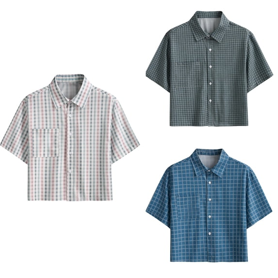 Antinious Men Solid Check Short Sleeve Collared Business Work Cropped Shirts with Button