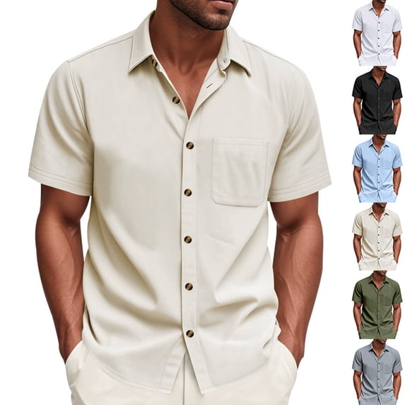 Antinious Men Solid Collared Button Pocket Breathable Short Sleeve Shirts