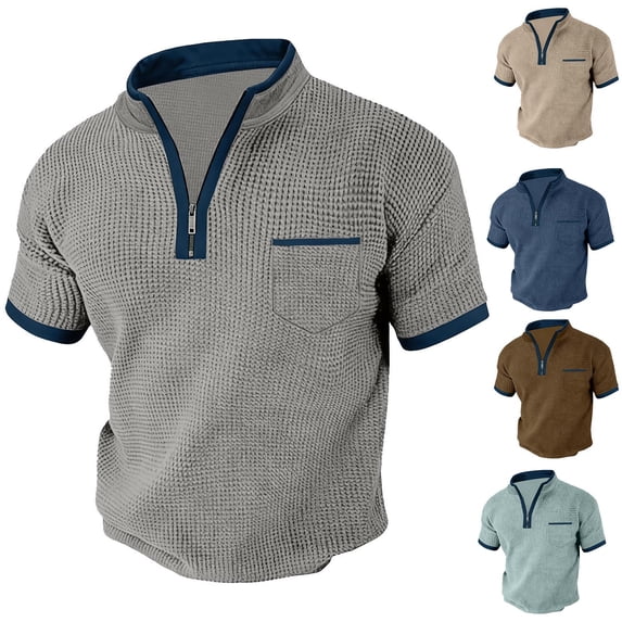 Antinious Men Solid Contrast Button Business Casual Collared Zipper Short Sleeve Tops