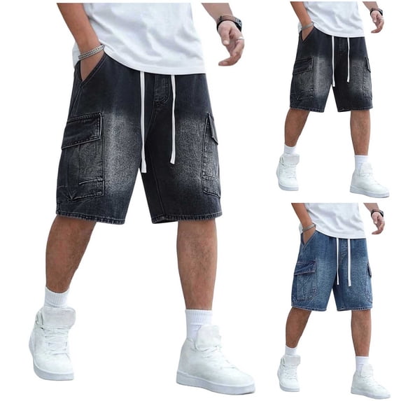 Antinious Mens Solid Denim Drawstring Large Pocket Straight Leg Half Shorts Pants