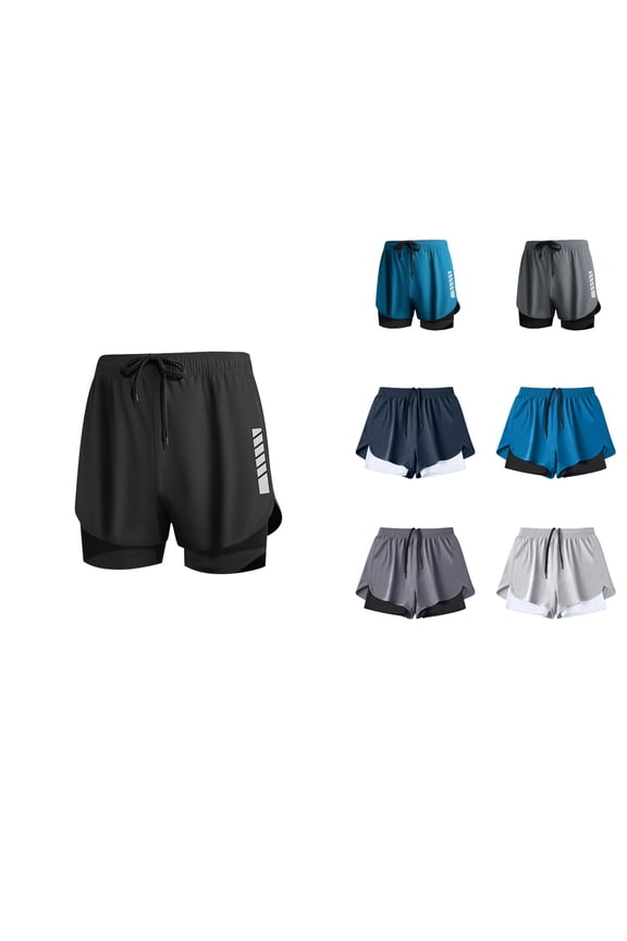 Men Solid Elastic Waist Running Plus Size Loose Double Layer Workout Shorts