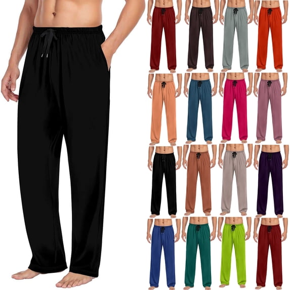 Antinious Men Solid Elastic Waist Straight Leg Soft Summer Sleep Vintage Trouser with Pockets