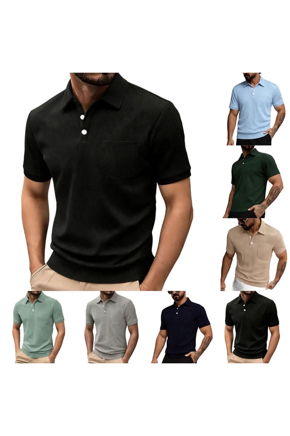 Men Solid Pocket Half Collar Button Business Work Breathable Short Sleeve Shirts