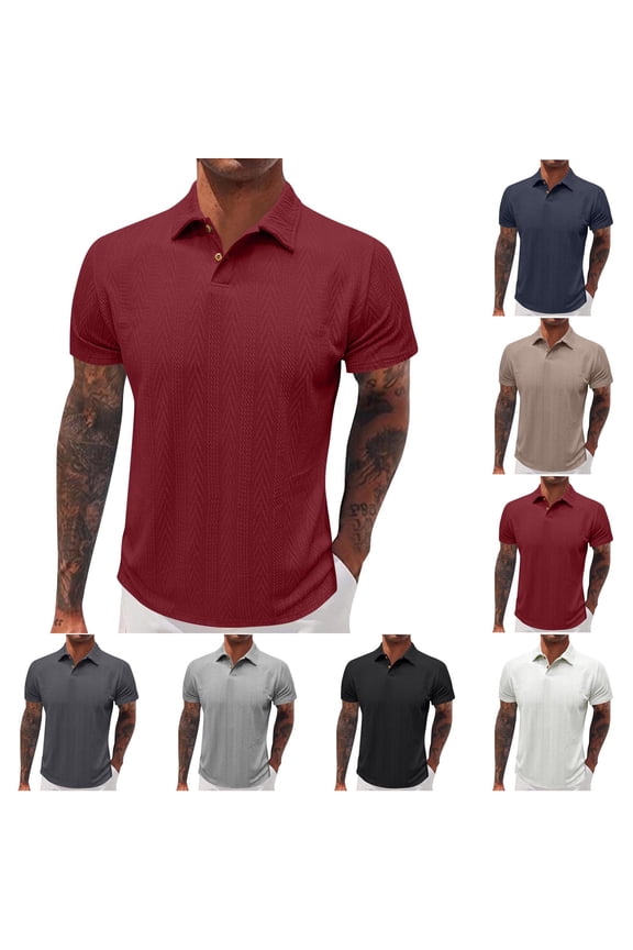 Men Solid Short Sleeve Collared Summer Casual Fashion Tops