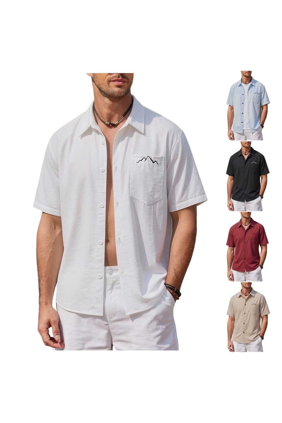 Men Solid Short Sleeve Collared Summer Embroidered Pocket Button Tops