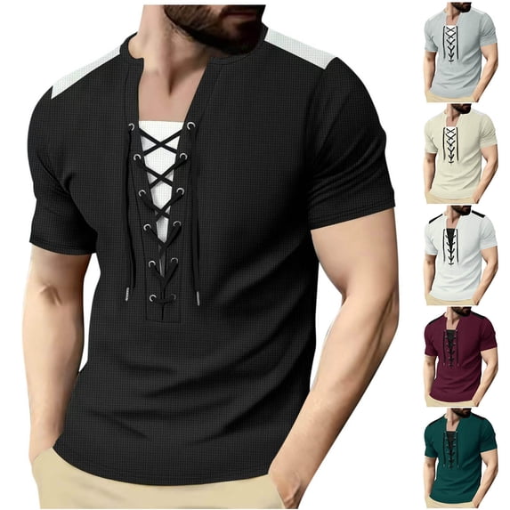 Antinious Men Solid Short Sleeve Crewneck Summer Drawstring Lightweight Casual Tops