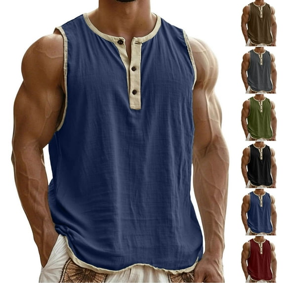 Antinious Men Solid Sleeveless Crewneck Button Linen Summer Breathable Blouses