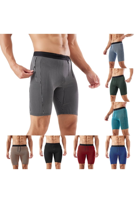Men Solid Stripe High Stretch Layer Yoga Half Shorts Pants