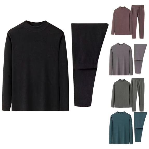 Antinious Men Solid Warm Thick Round Neck Long Sleeve Fall Winter Thermal Undershirts Set