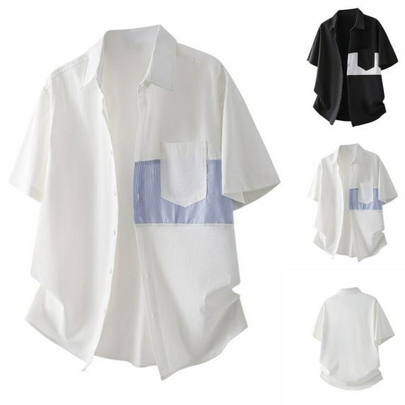Antinious Men Stripe Collared Pocket Short Sleeve Lapel Shirts