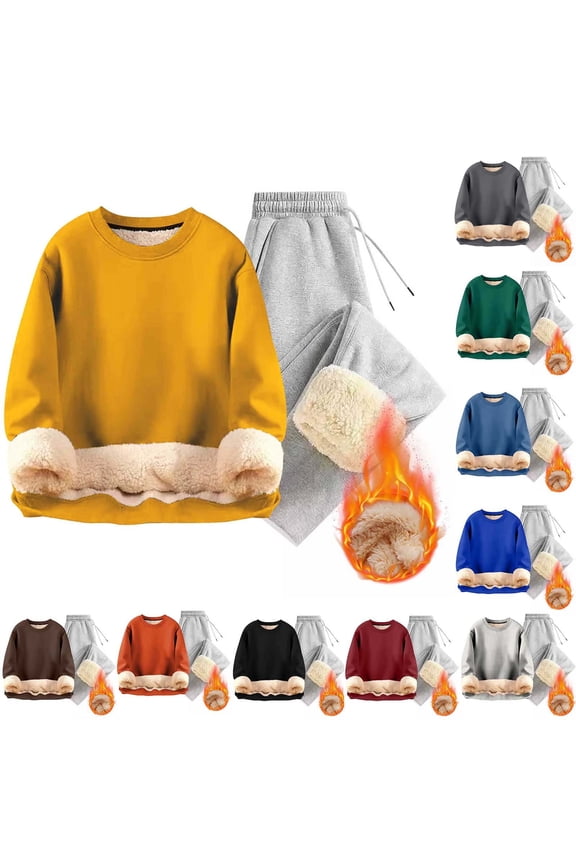 Mens Flannel Winter Pajamas Set,Track Suits for Men Set,Winter Outfits for Men Solid Drawstring Trouser Warm Long Sleeve Set Pants Sweatshirts,Yellow,XXL