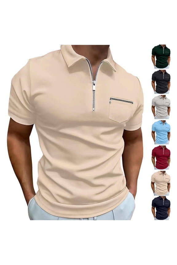 Man Solid Half Zipper Outdoors Pocket Short Sleeve Turndown Collar Blouse,Black,M