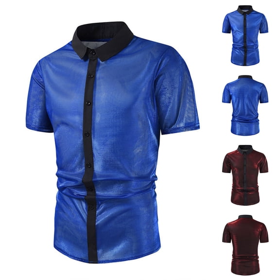 Antinious Mens Summer Beach Shirt,Workout Tops Men,Men Shirts Trendy Performance Sequin Shirt Fashionable Shiny Short Sleeve Turn Down Collar Shirt,Blue,XXL