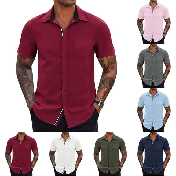 Antinious Mens Summer Beach Shirt,Workout Tops Men,Mens Short Sleeve Shirts Button up Casual Solid Turndown Collar Blouse Shirt,Red,M