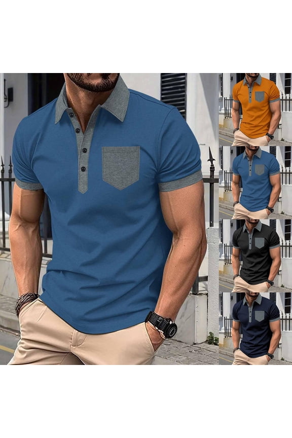 Mens Summer Beach Shirt,Workout Tops Men,Mens Short Sleeve Shirts Button up Leisure Pocket Collar Color Blocking,Orange,XXXL
