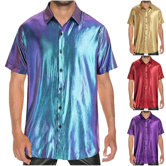 Antinious Mens Summer Beach Shirt,Workout Tops Men,Mens Short Sleeve Shirts Button up Leisure Solid Collar,Purple,L