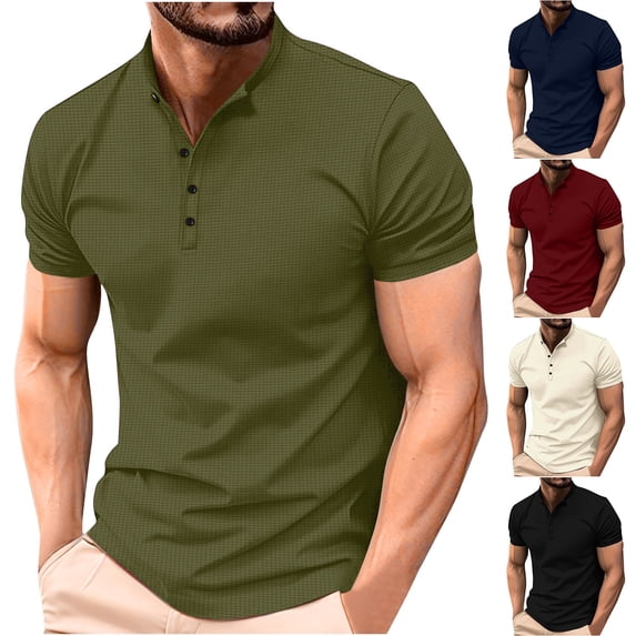 Antinious Mens Short Sleeve Button up Solid Fallow Round Neck Sports Shirt,Red,M