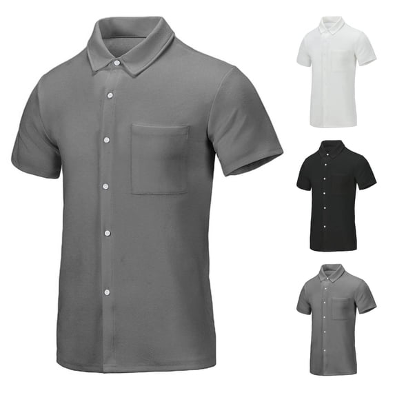 Antinious Mens Short Sleeve Button up Solid Pocket Collar Business Casual Tops,Black,XXL