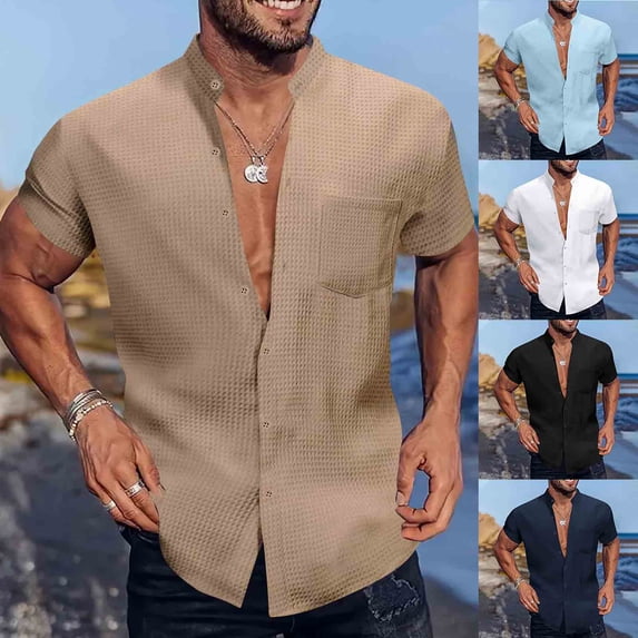 Antinious Mens Summer Beach Shirt,Workout Tops Men,Mens Short Sleeve Shirts Button up Solid Versatile Pocket Collar Shirt,Sky Blue,XXXL