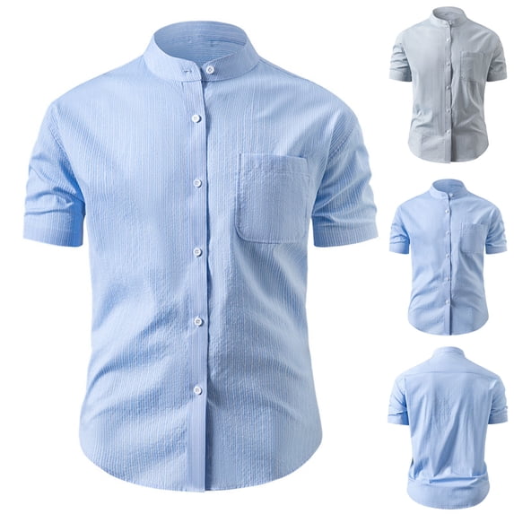 Antinious Mens Short Sleeve Button up Striped Stand Up Collar Casual Pocket Up Shirt,Gray,L