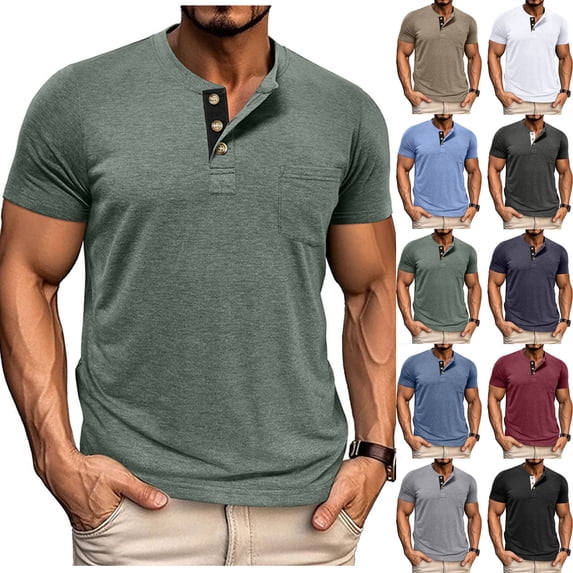 Antinious Men Fashion Solid Short Sleeve Button Pocket Round Neck Breathable Relaxed Tops