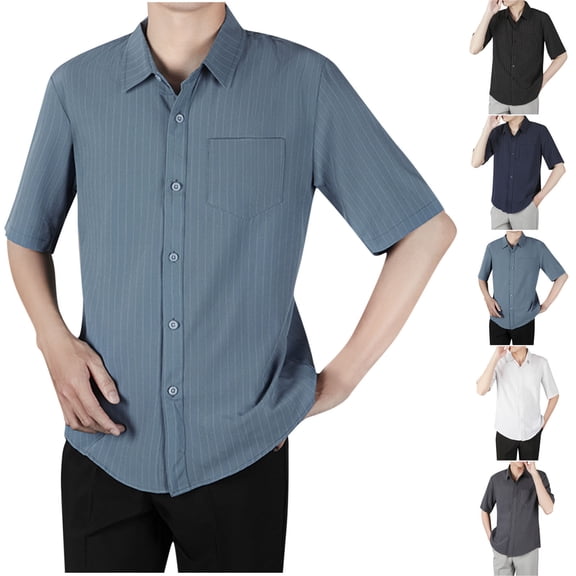 Antinious Mens Summer Beach Shirt,Workout Tops Men,Oversized Tshirts for Man Casual Stripe Pocket Short Sleeve Turndown Collar Blouse Shirt,White,M