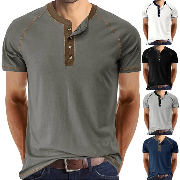 Antinious Mans Short Sleeve Button up Solid Casual Crewneck TShirts,Gray,M