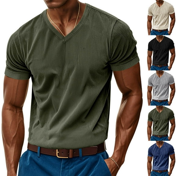 Antinious Mens Summer Beach Shirts,Men Short Sleeve Blouses,Mens Tshirts Casual Solid Short Sleeve V-Neck Collar Blouse,Gray,XL