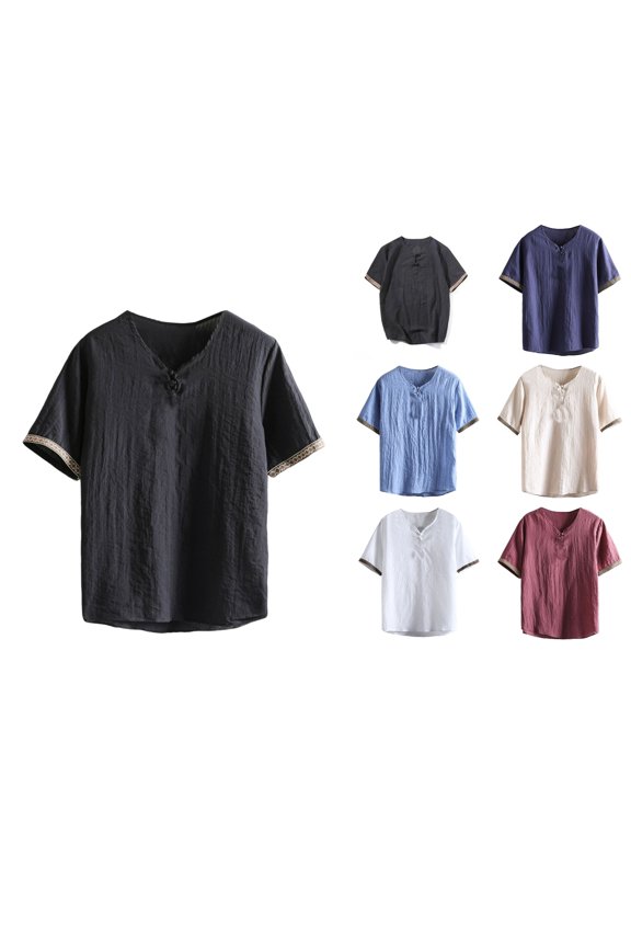 Mens Comfy Short Sleeve V-Neck Collar Regular Casual Shirt,Navy,L